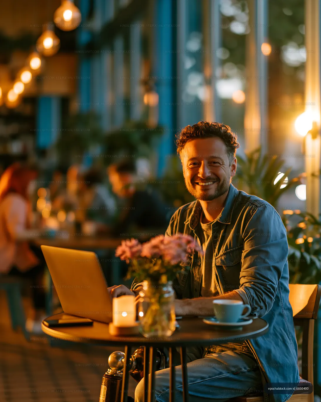 Man working on laptop in cafe during sunset with flowers on table