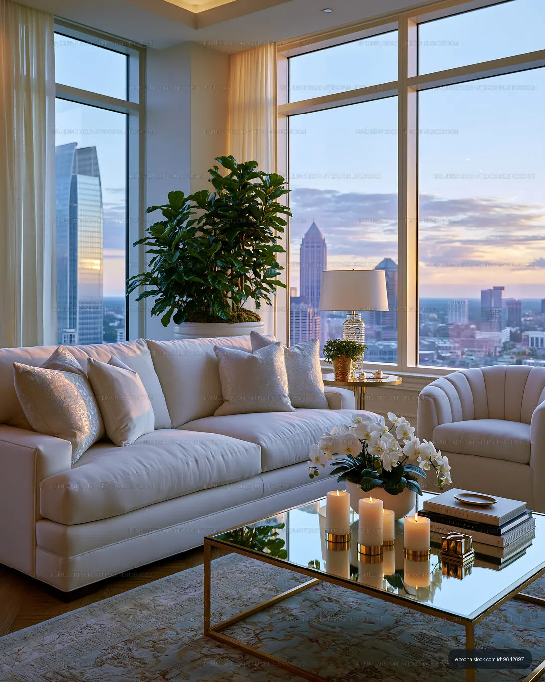 Modern living room with city view at sunset