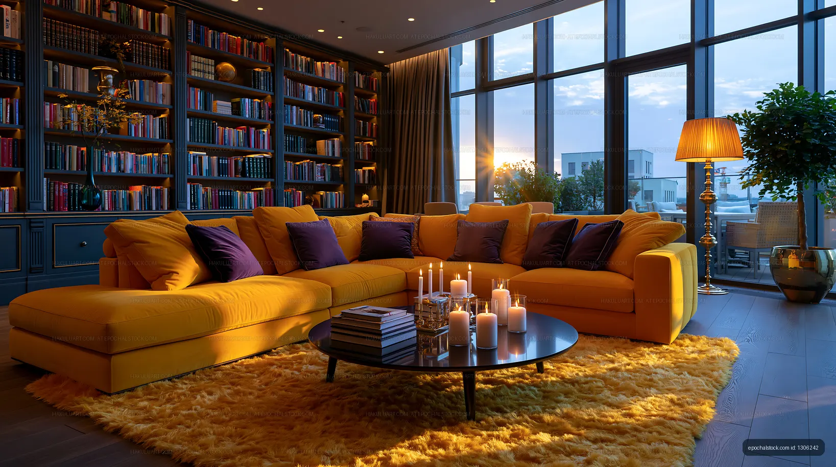 Modern living room with yellow sofa and large windows