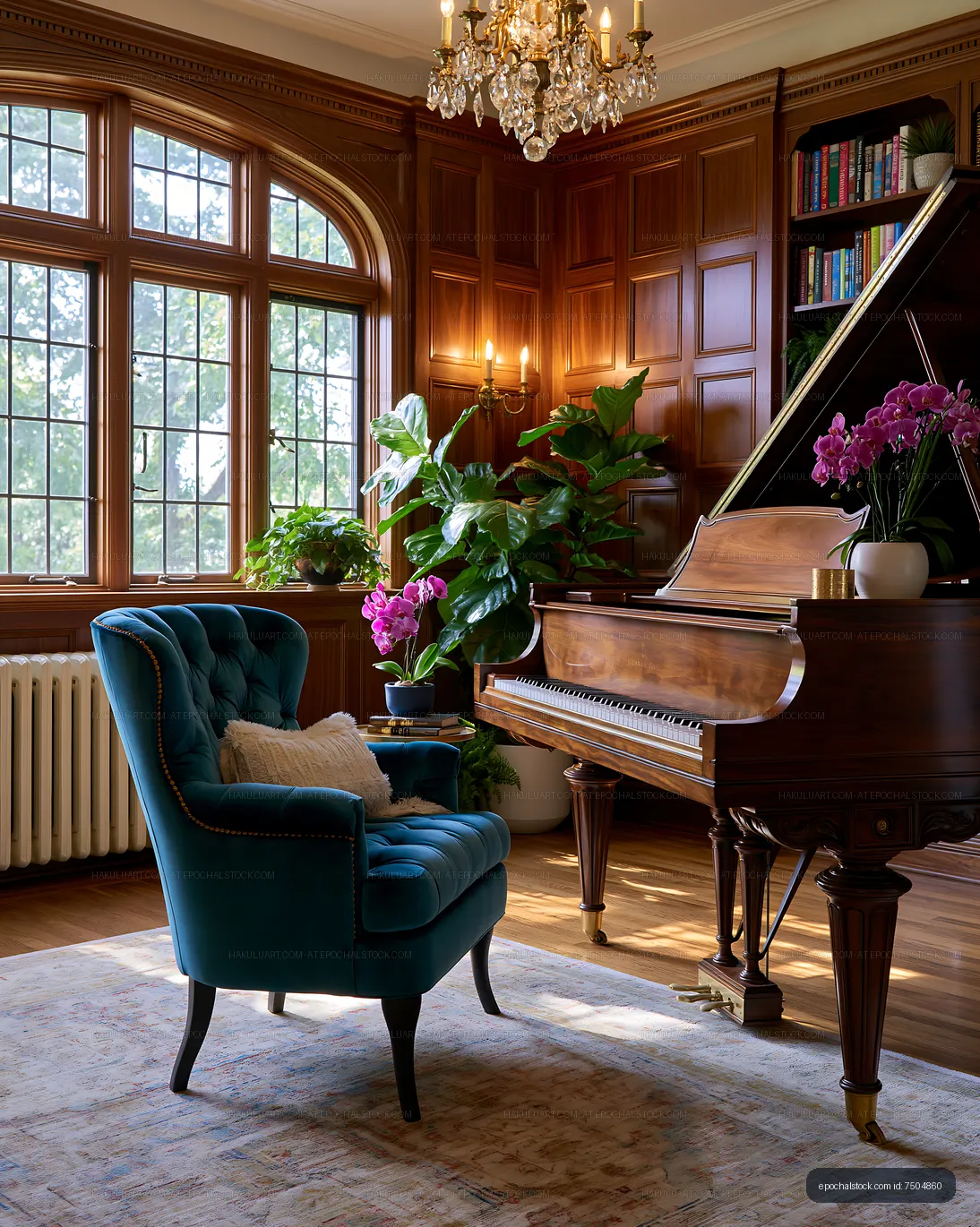 Cozy living room with a grand piano and lush plants