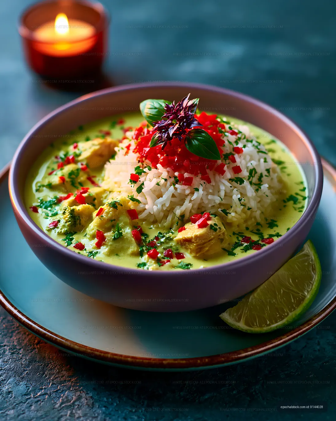 Chicken curry served with rice and fresh herbs in a bowl