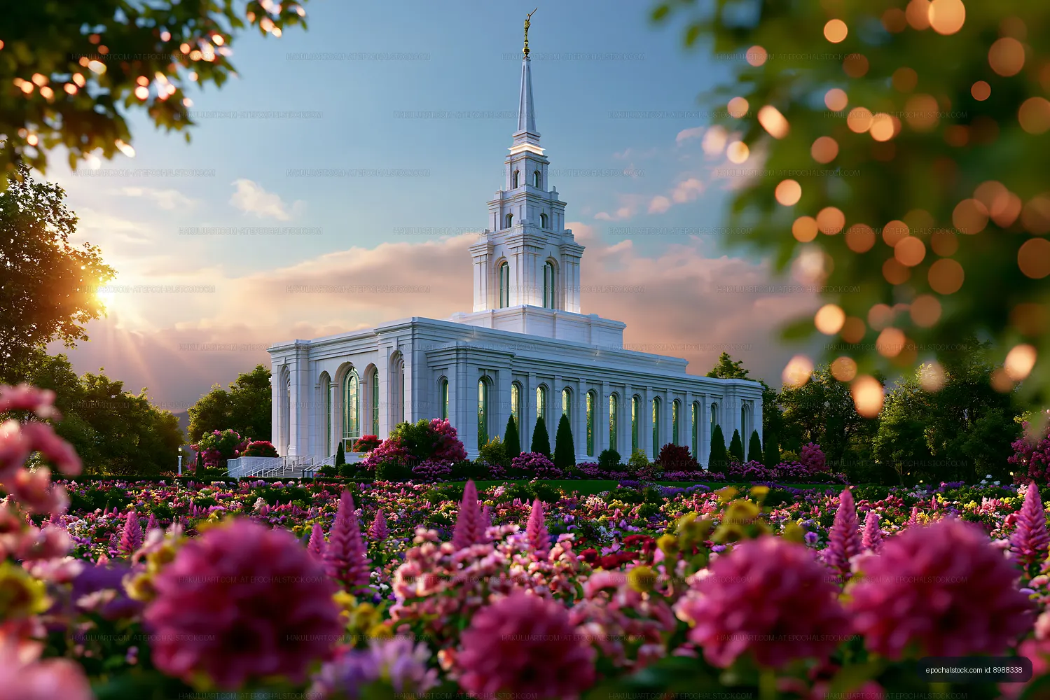 Church building surrounded by colorful flowers in a sunny setting