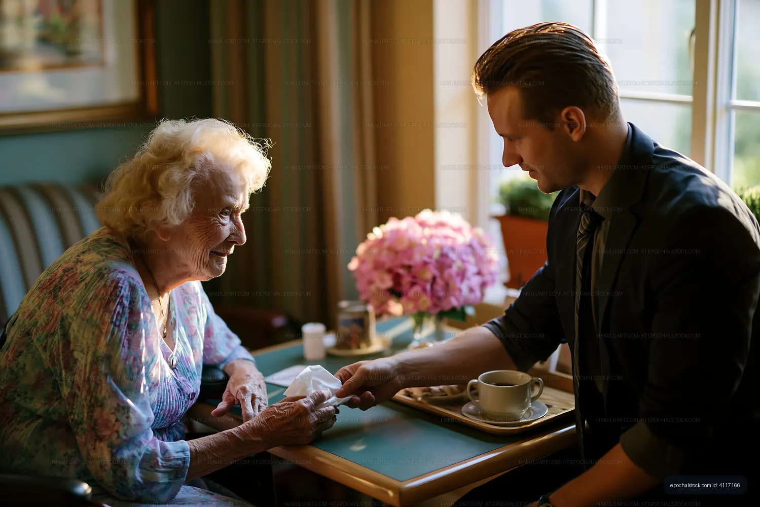 Old woman and young man share conversation in a bright room