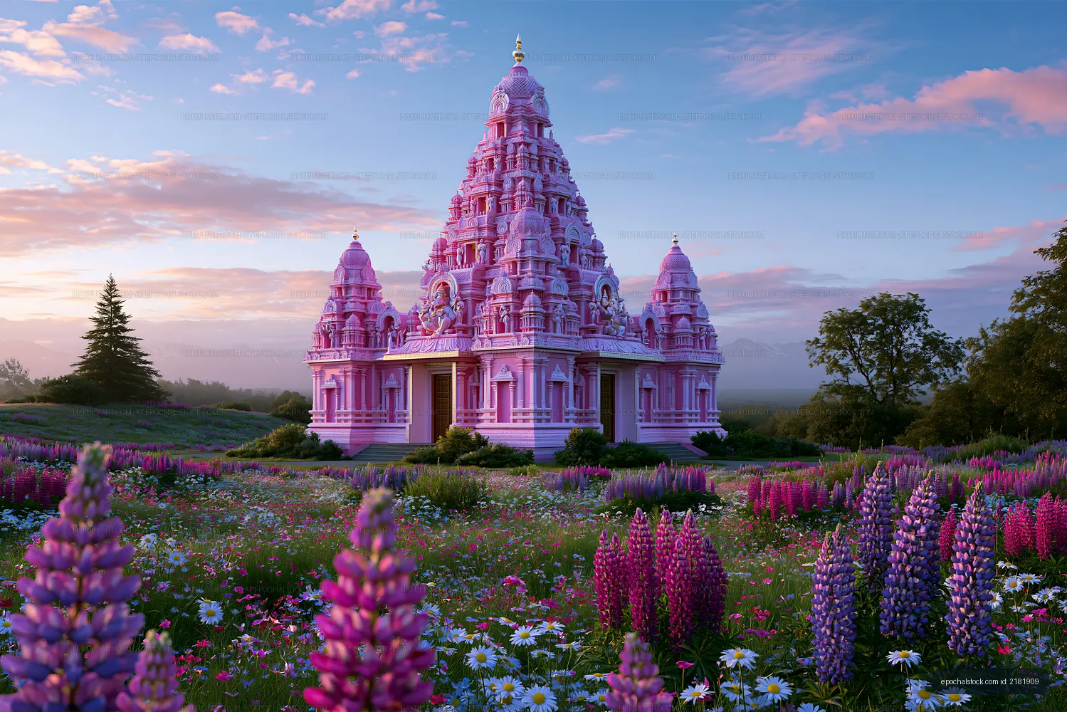 Pink temple surrounded by flowers in a scenic landscape