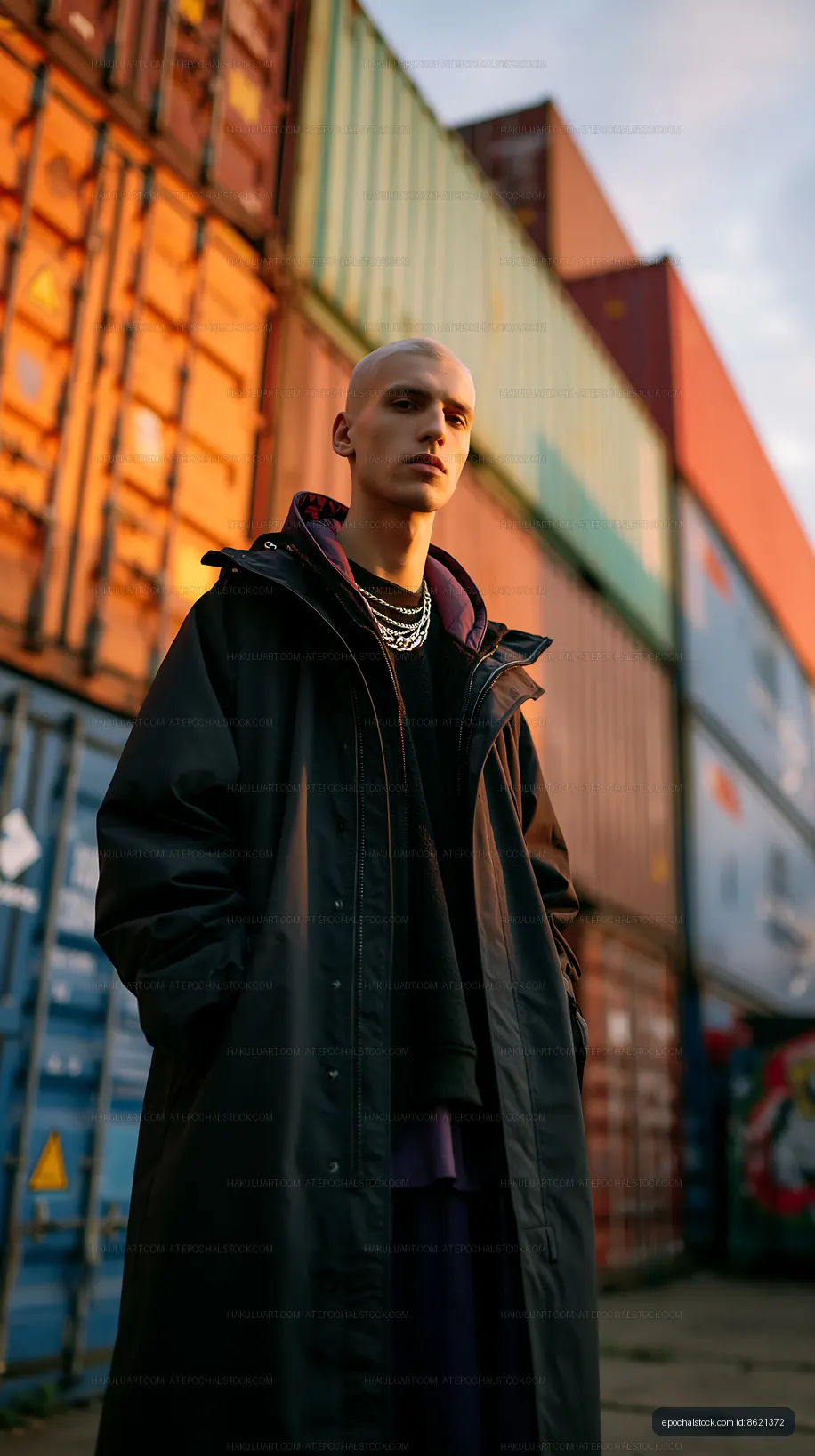 Man in dark coat stands among shipping containers at sunset