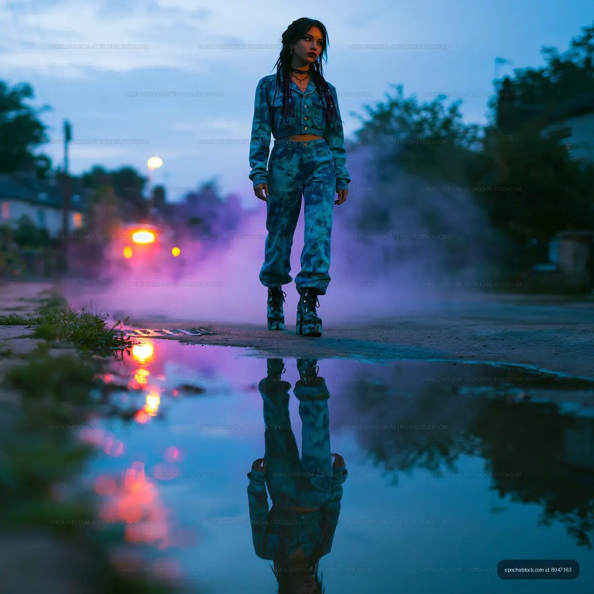 Woman walking on street in blue light with mist at dusk