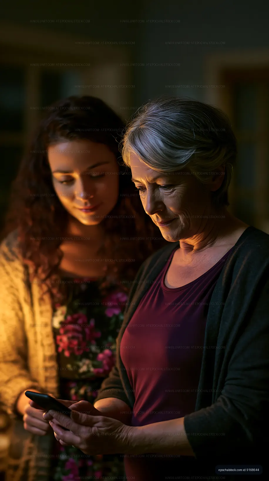 Two women sharing moments while looking at a smartphone