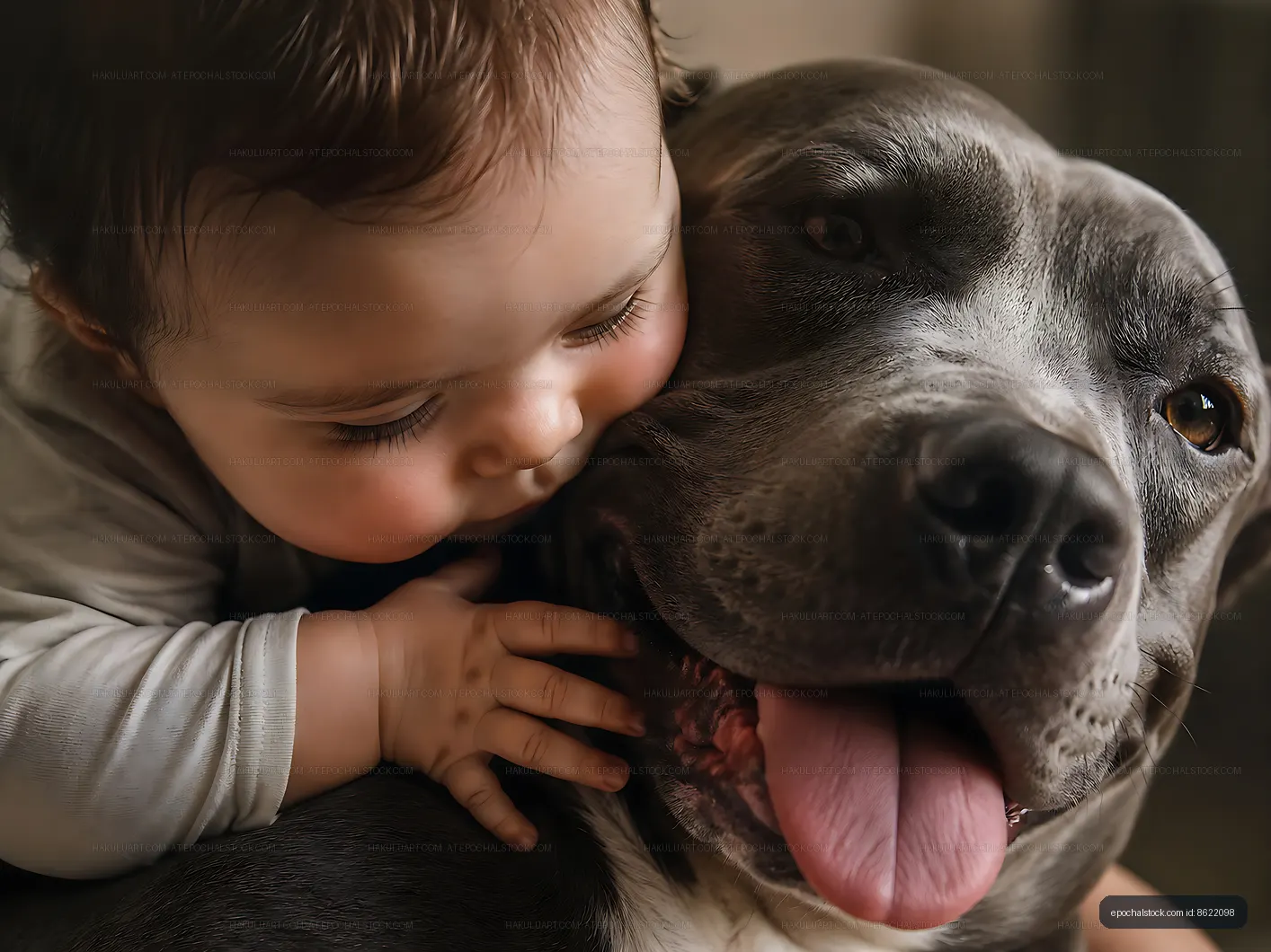 Baby hugs a dog in a cozy indoor setting