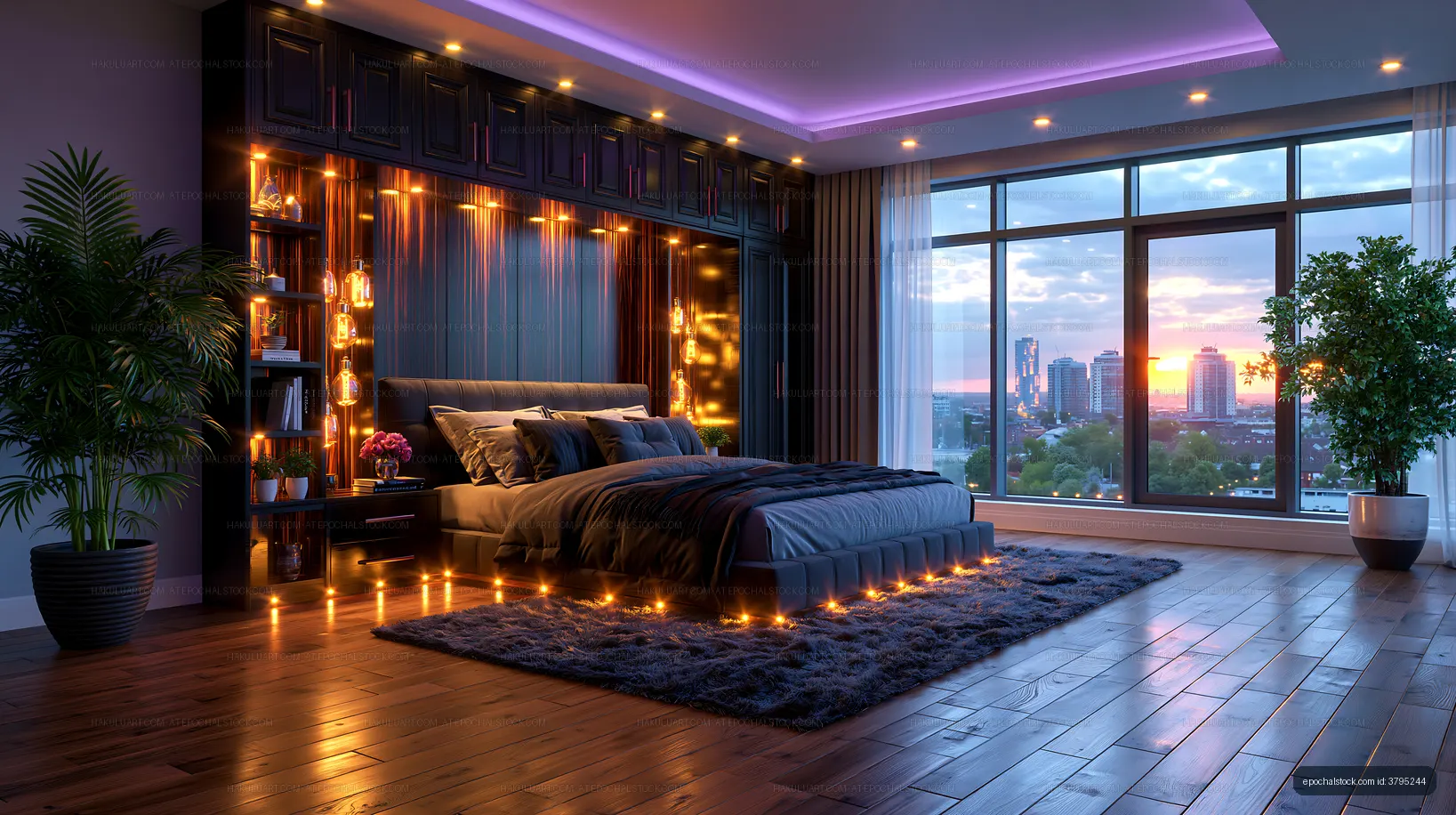 Modern bedroom with city view during sunset