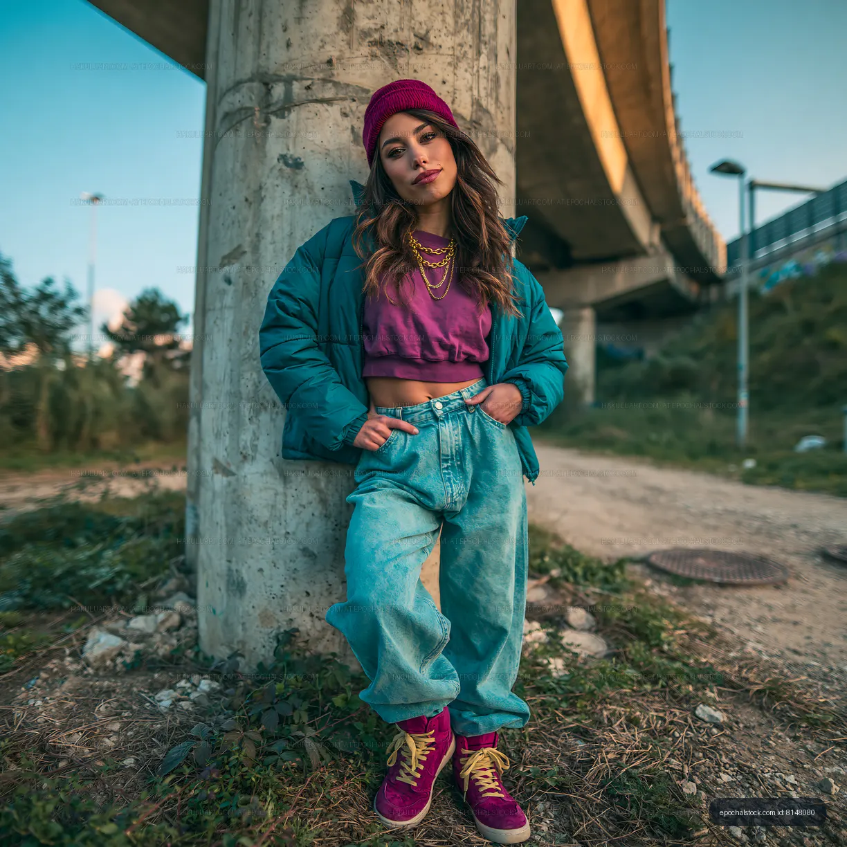 Young woman in casual attire poses under a bridge