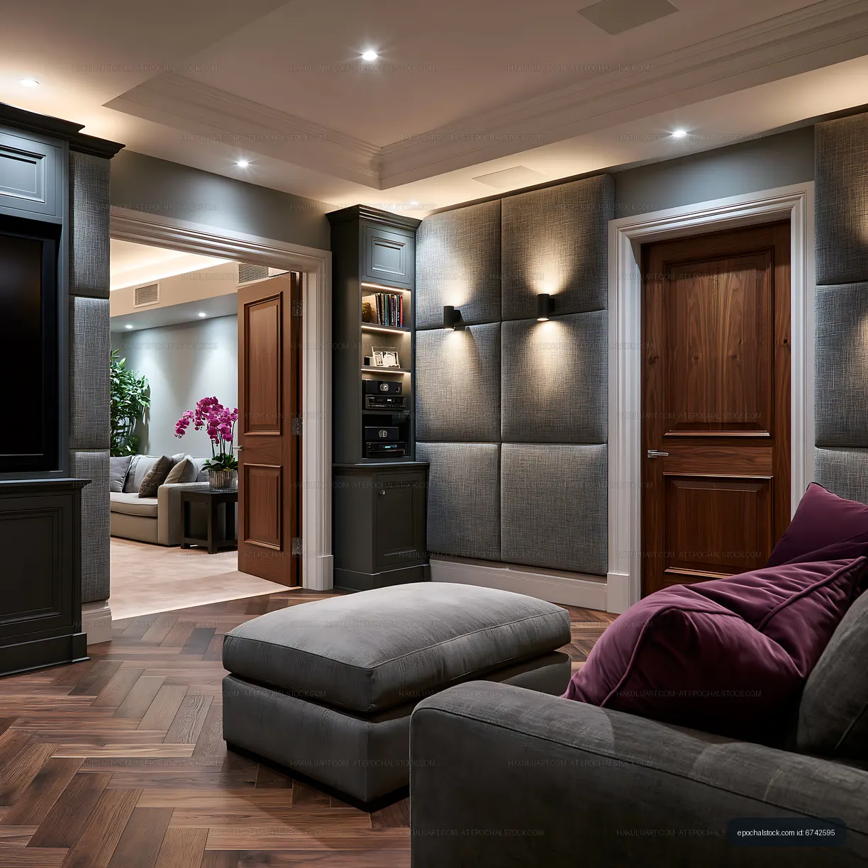 A modern living room with gray walls and wooden floors