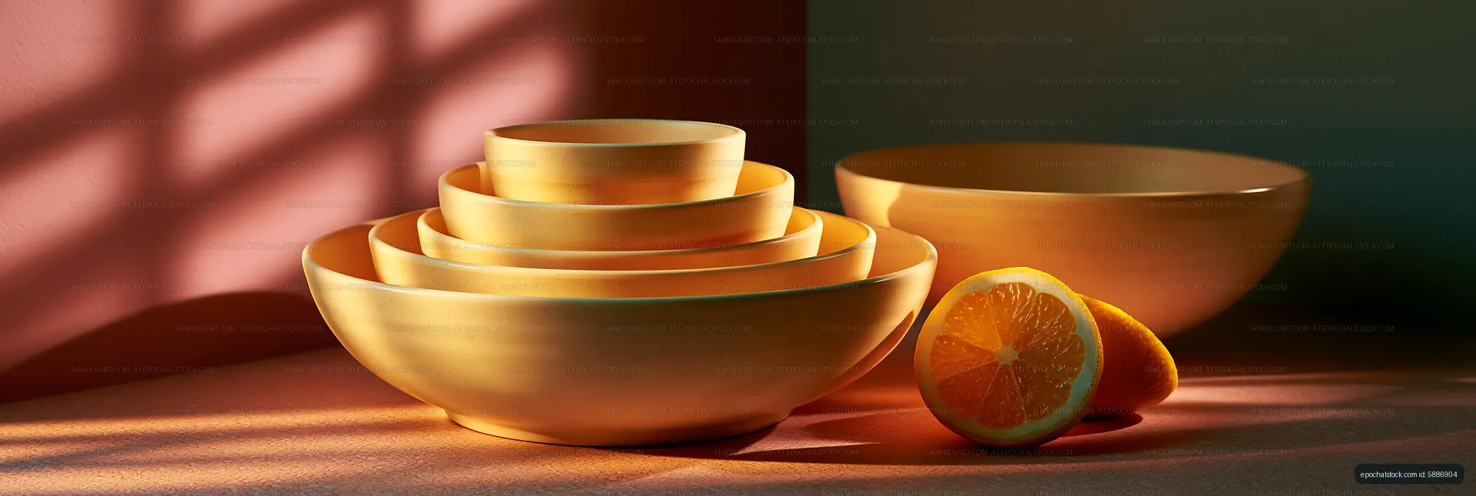 Warm bowls arranged with sliced fruit on a table