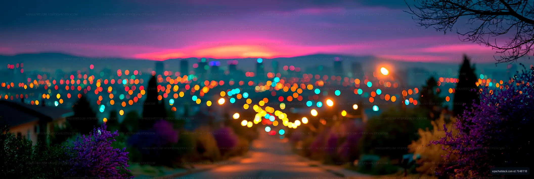 City skyline at dusk with colorful lights and blooming flowers