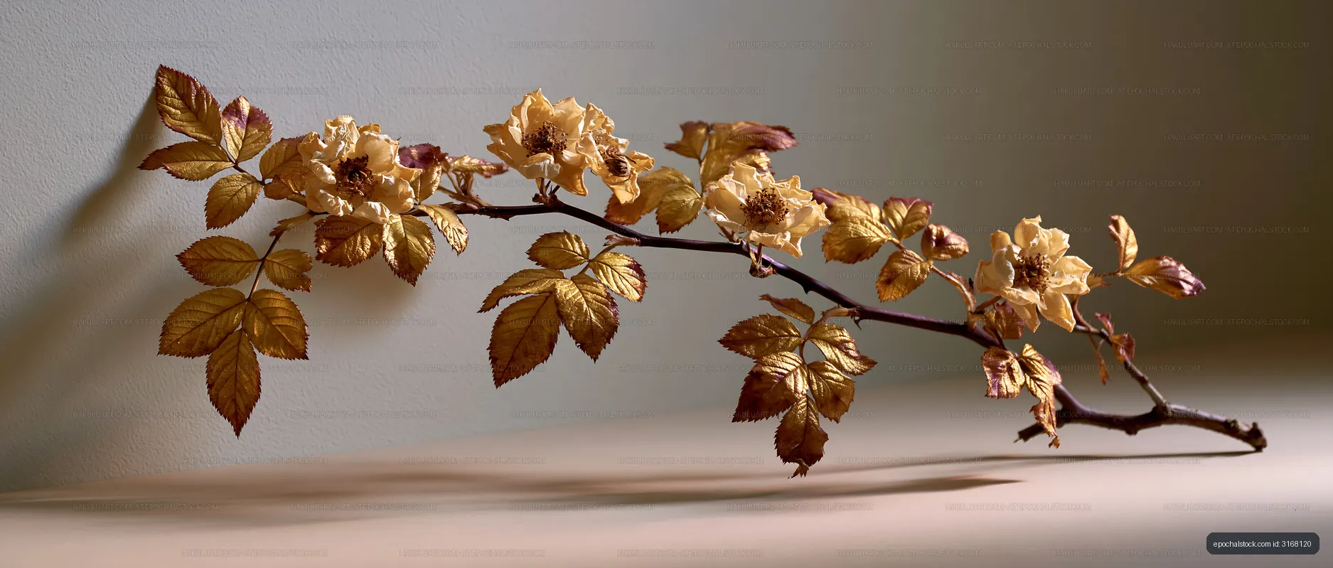 Dried flowers arranged on a branch against a neutral background