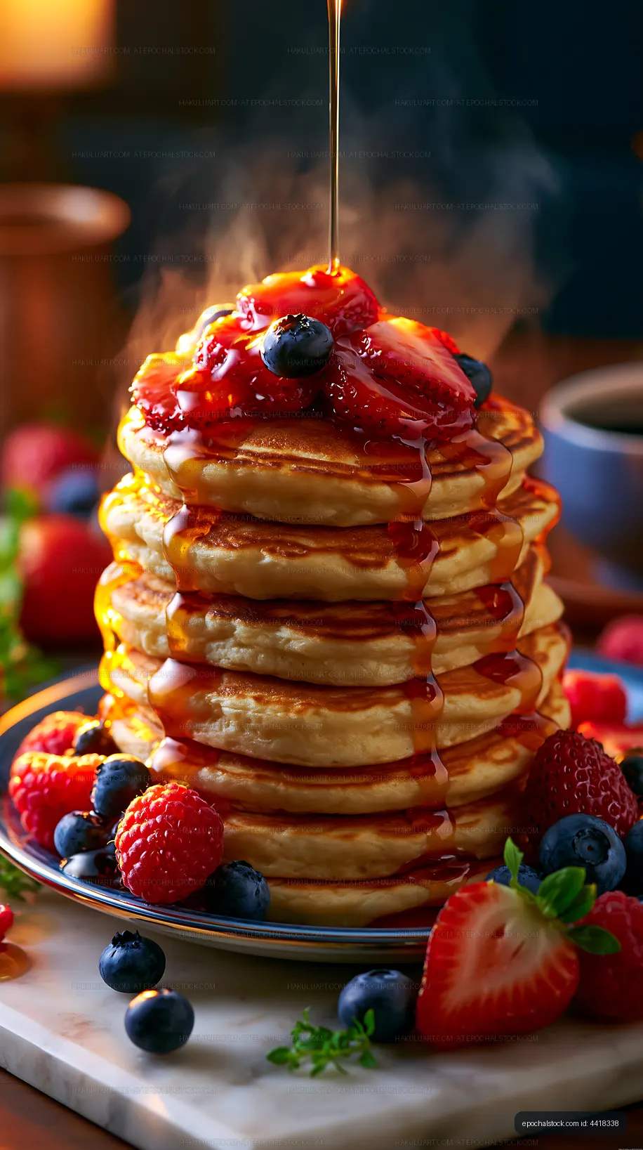 Stack of pancakes with fruit and syrup on a wooden table