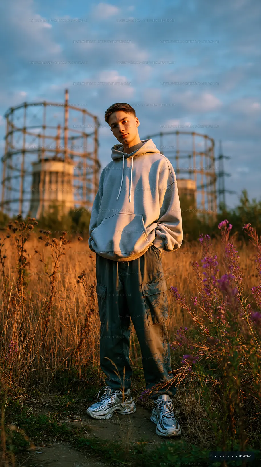 Young person standing in a field near industrial structures at sunset