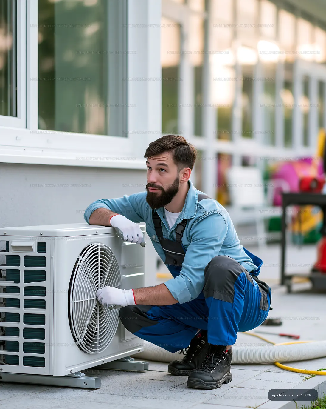 Technician repairing air conditioning unit outside a building