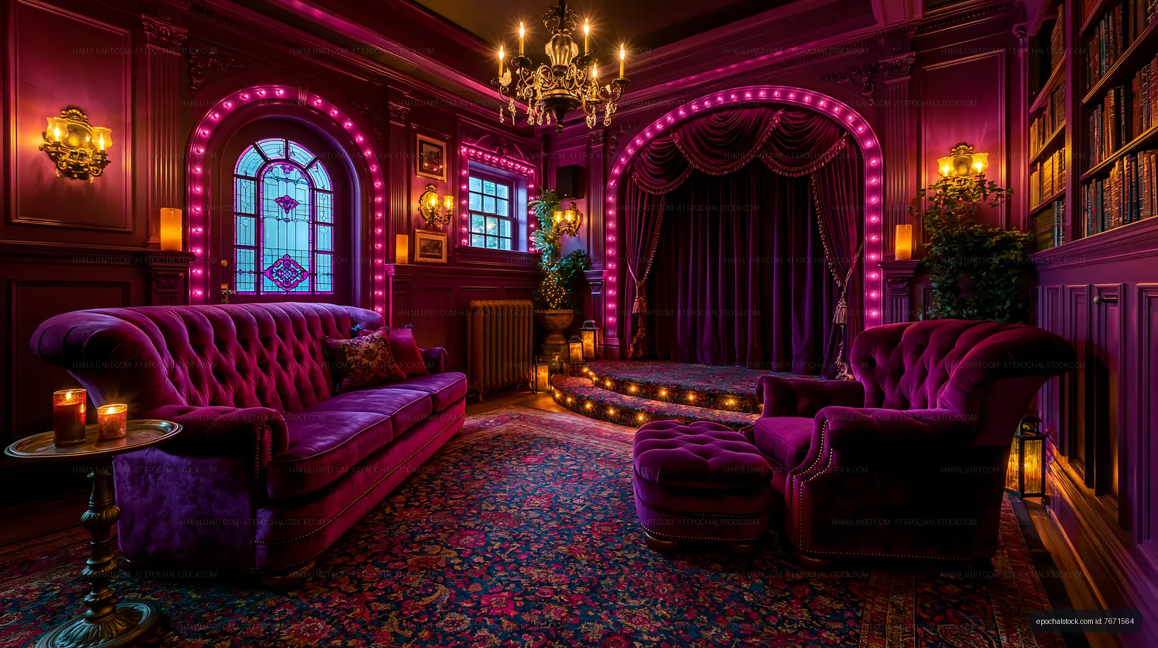 Cozy interior of a vintage lounge with purple decor and lighting