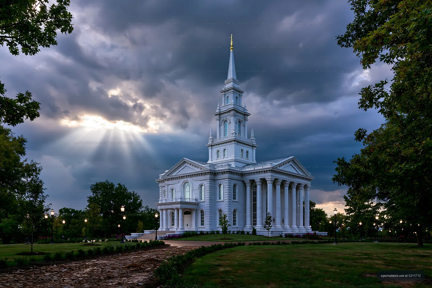 Historic white church under dark clouds with sun rays