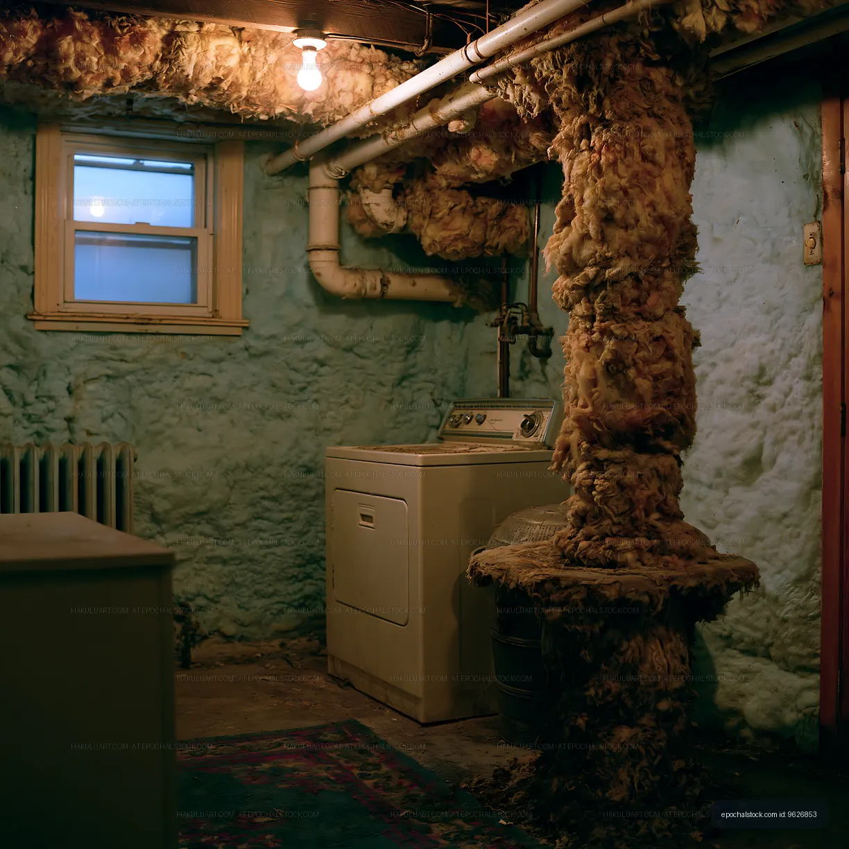 Old basement with washing machine and exposed pipes
