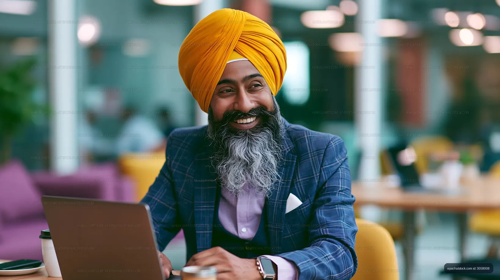 Businessman with beard and turban working on laptop at office