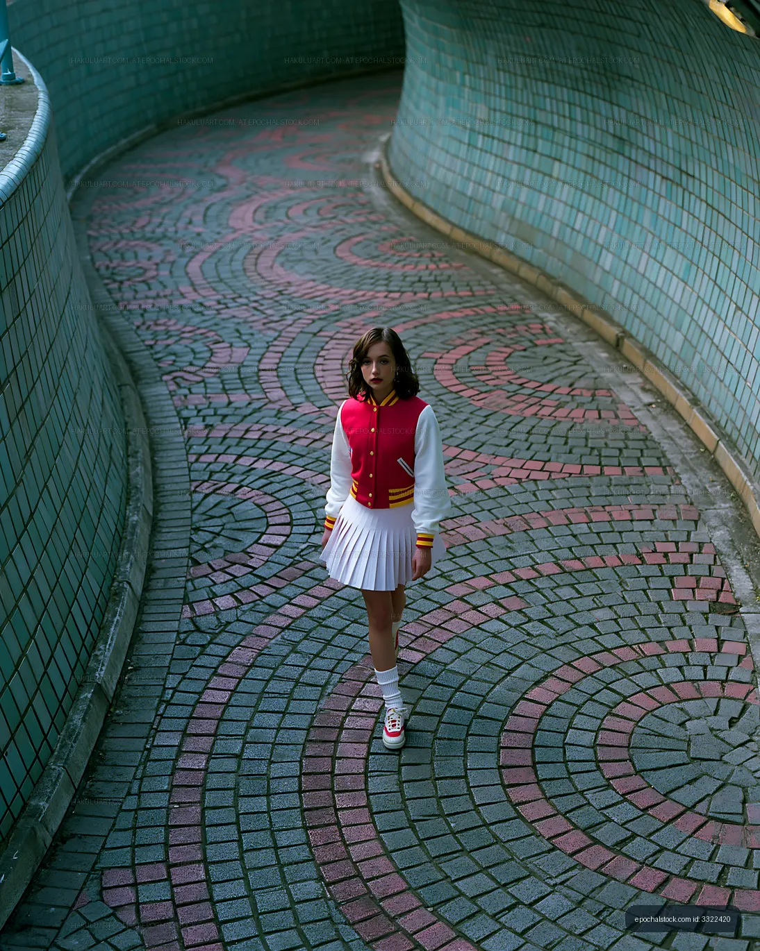 Girl in a vintage jacket walking on a colorful pathway