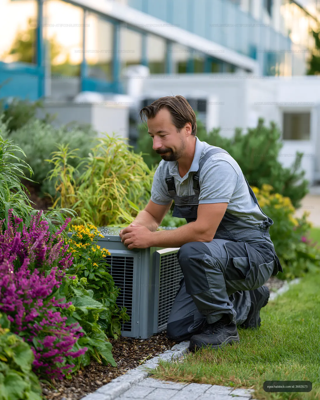 Worker servicing air conditioning unit in garden area