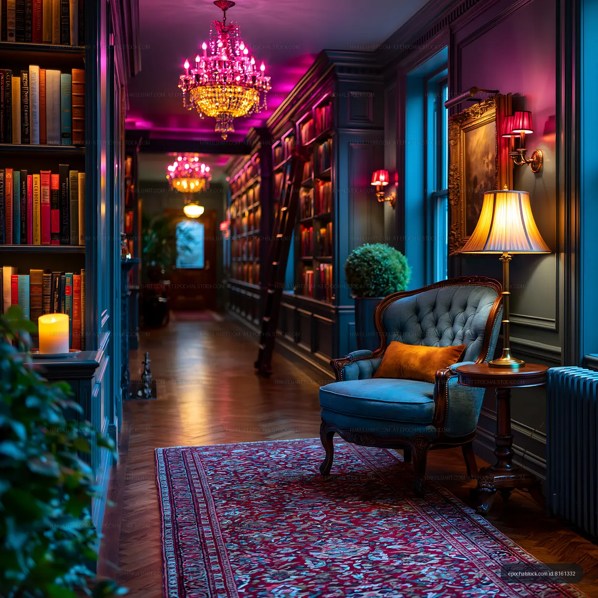 Cozy hallway with bookshelves and decorative lighting