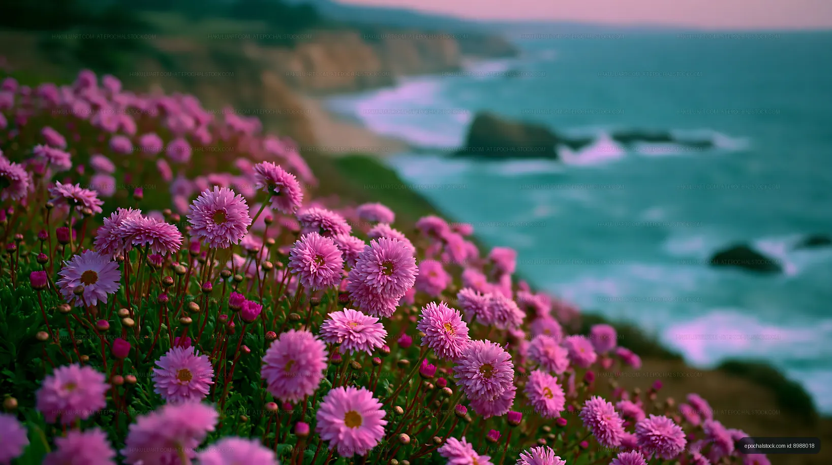 Colorful flowers bloom near a coastal cliff overlooking the ocean