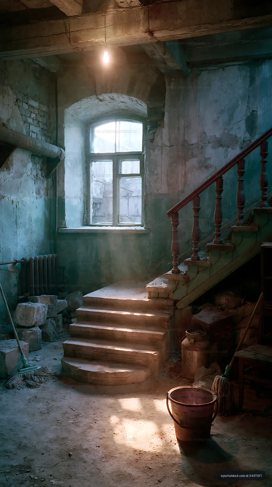 Old staircase in an abandoned building with light coming through