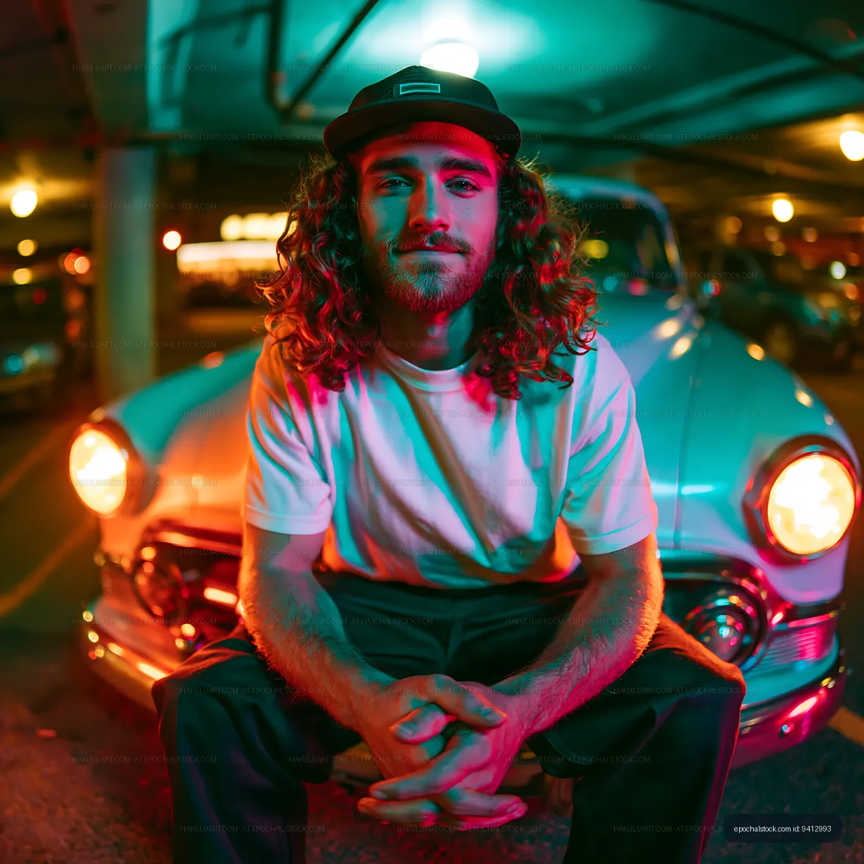 Young man poses in parking garage with classic car
