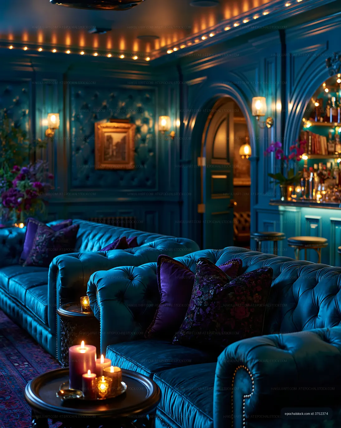 Cozy seating area with blue tones and dim lighting in a bar