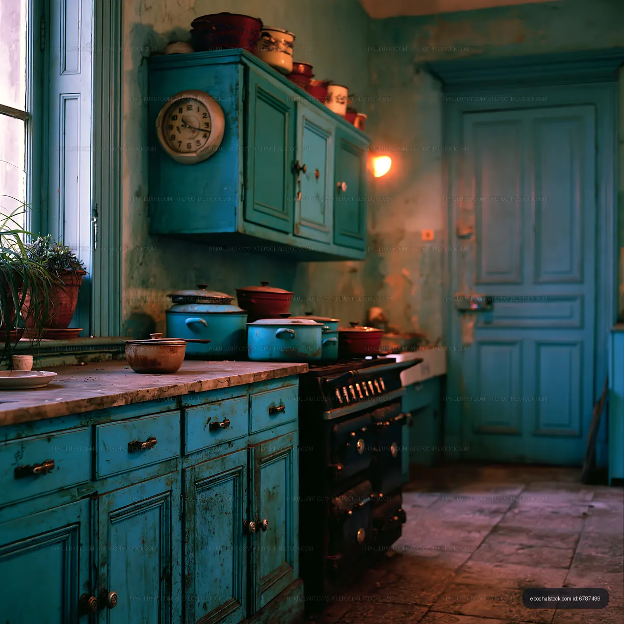 Vintage blue kitchen with wooden cabinets and old appliances