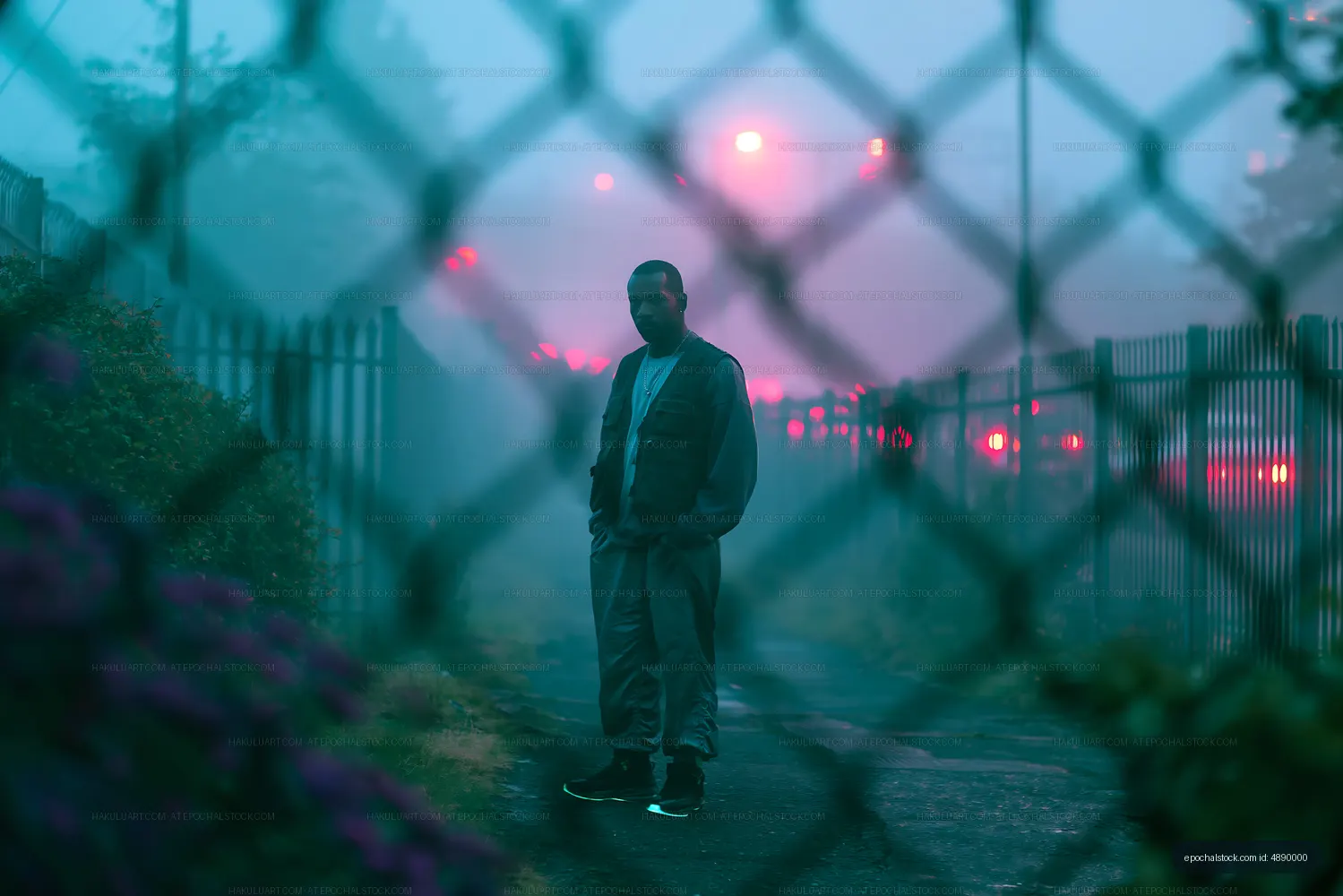 Man standing behind a fence in fog with urban lights