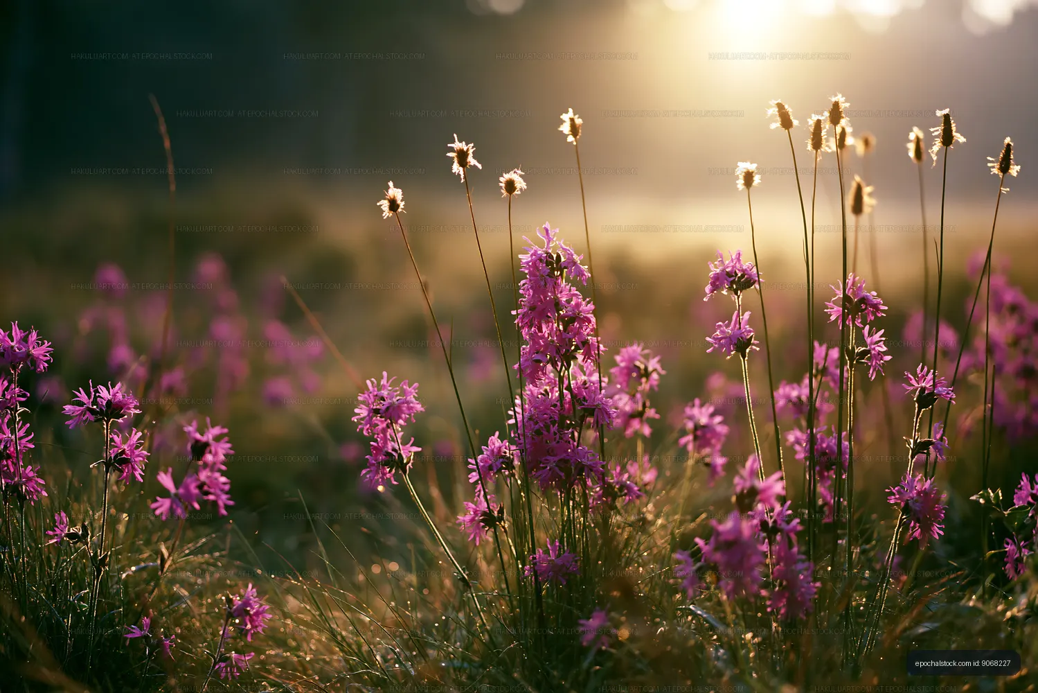 Wildflowers bloom in the fields during golden hour light
