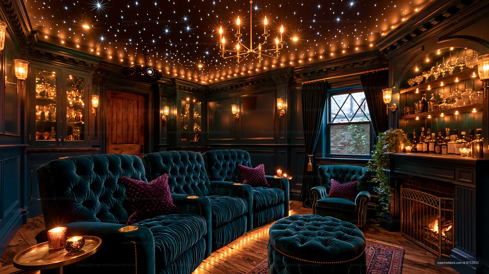 Cozy interior of a dark room with plush seating and ambient lights