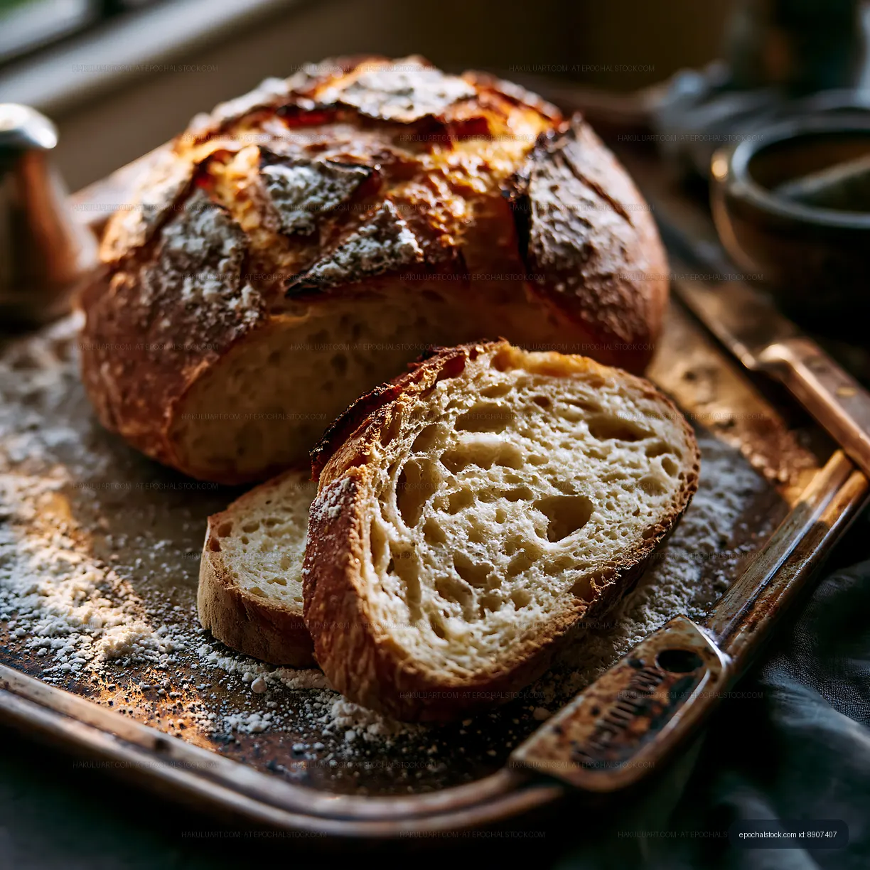 Freshly baked bread on a tray with slices ready to serve