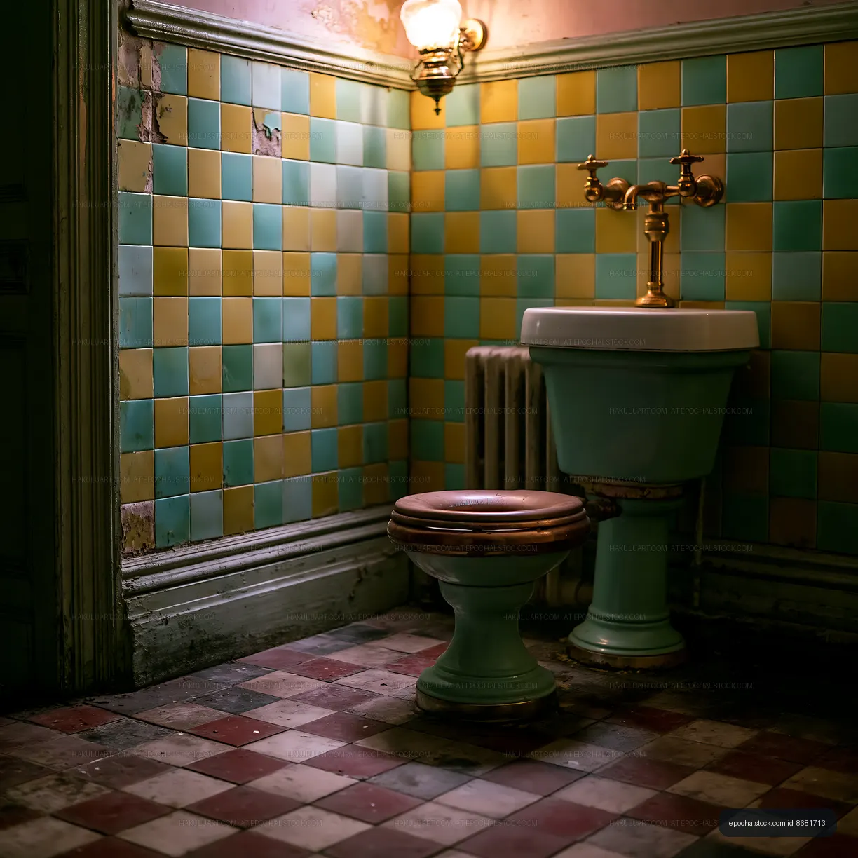 Vintage bathroom with colorful tiles and antique fixtures