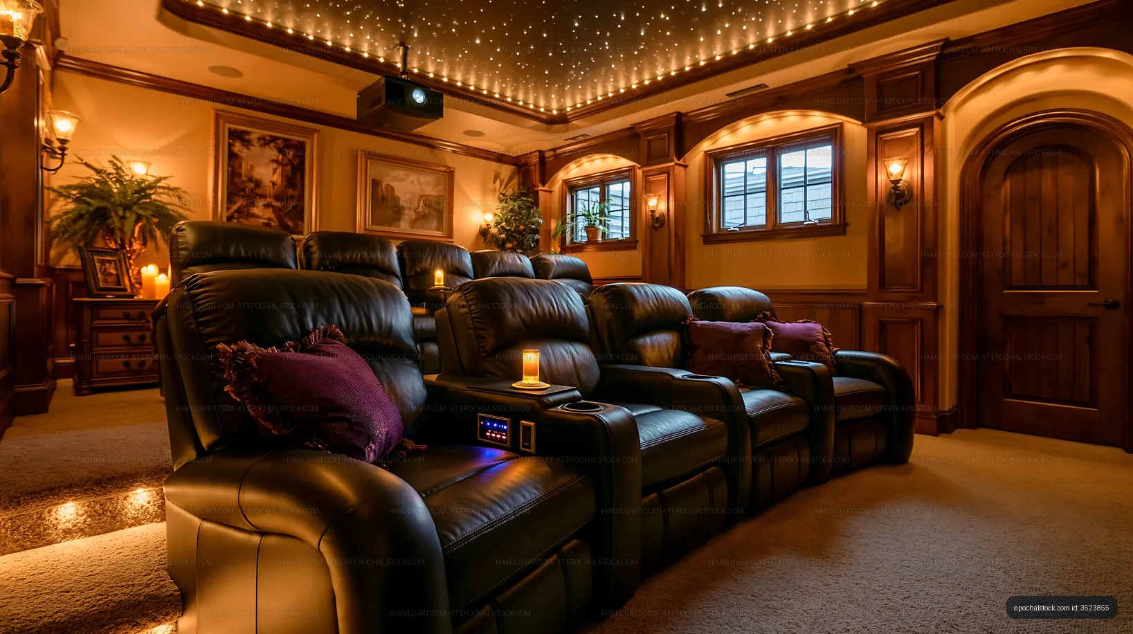 Home theater room with comfortable seating and starry ceiling
