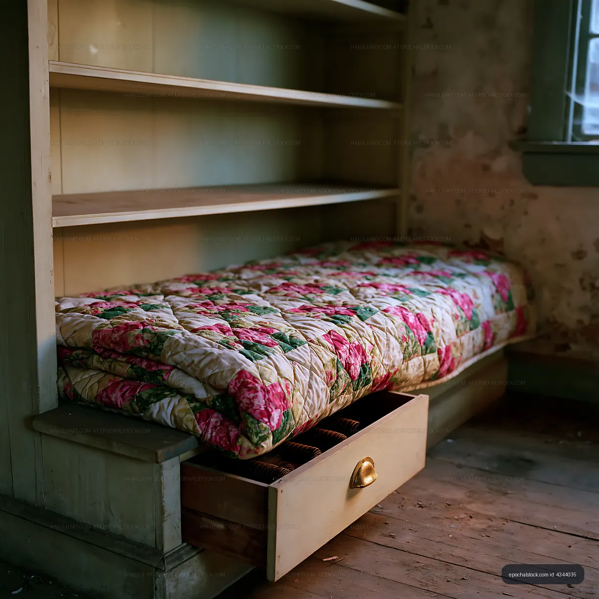 Old bedroom with floral quilt on a bed in a rustic setting