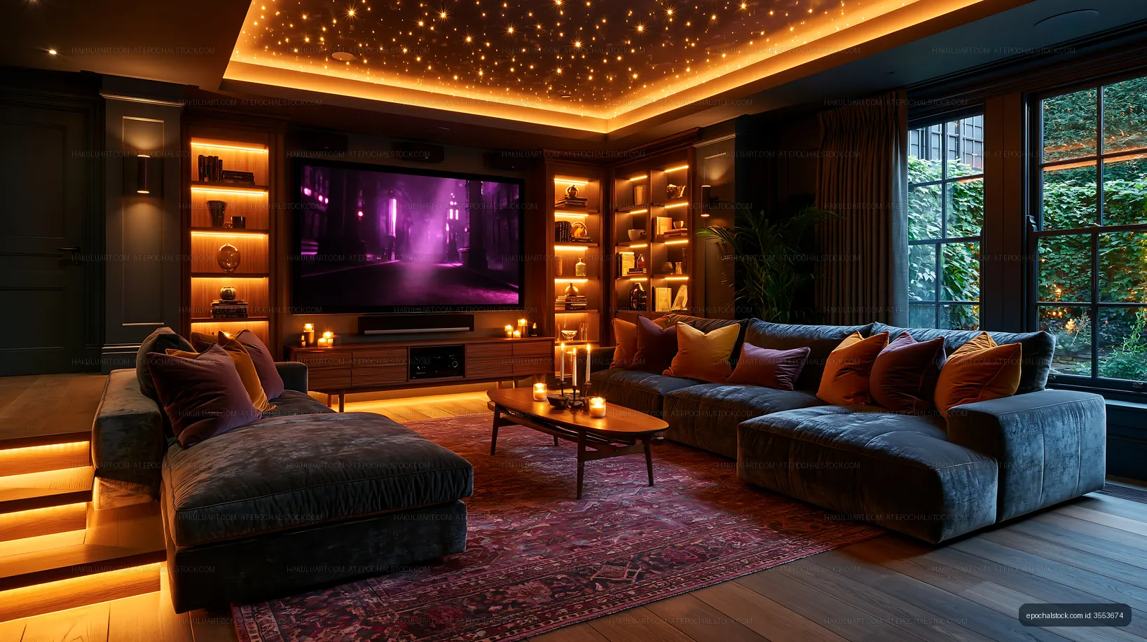 Cozy living room with warm lighting and large TV setup
