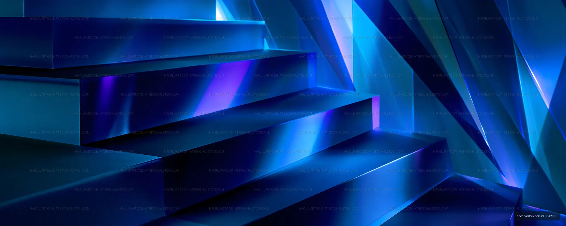 Staircase with blue lights and geometric shapes