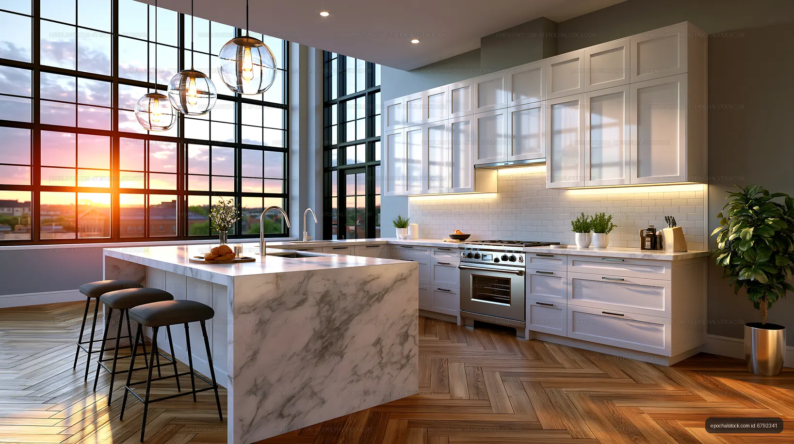 Modern kitchen with large windows at sunset