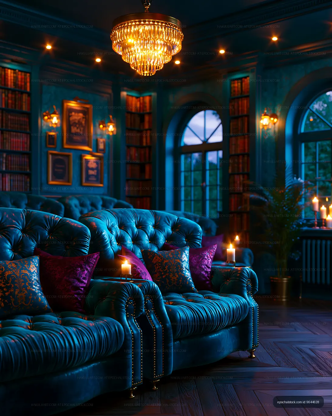 Cozy interior of a library with blue furniture and candles