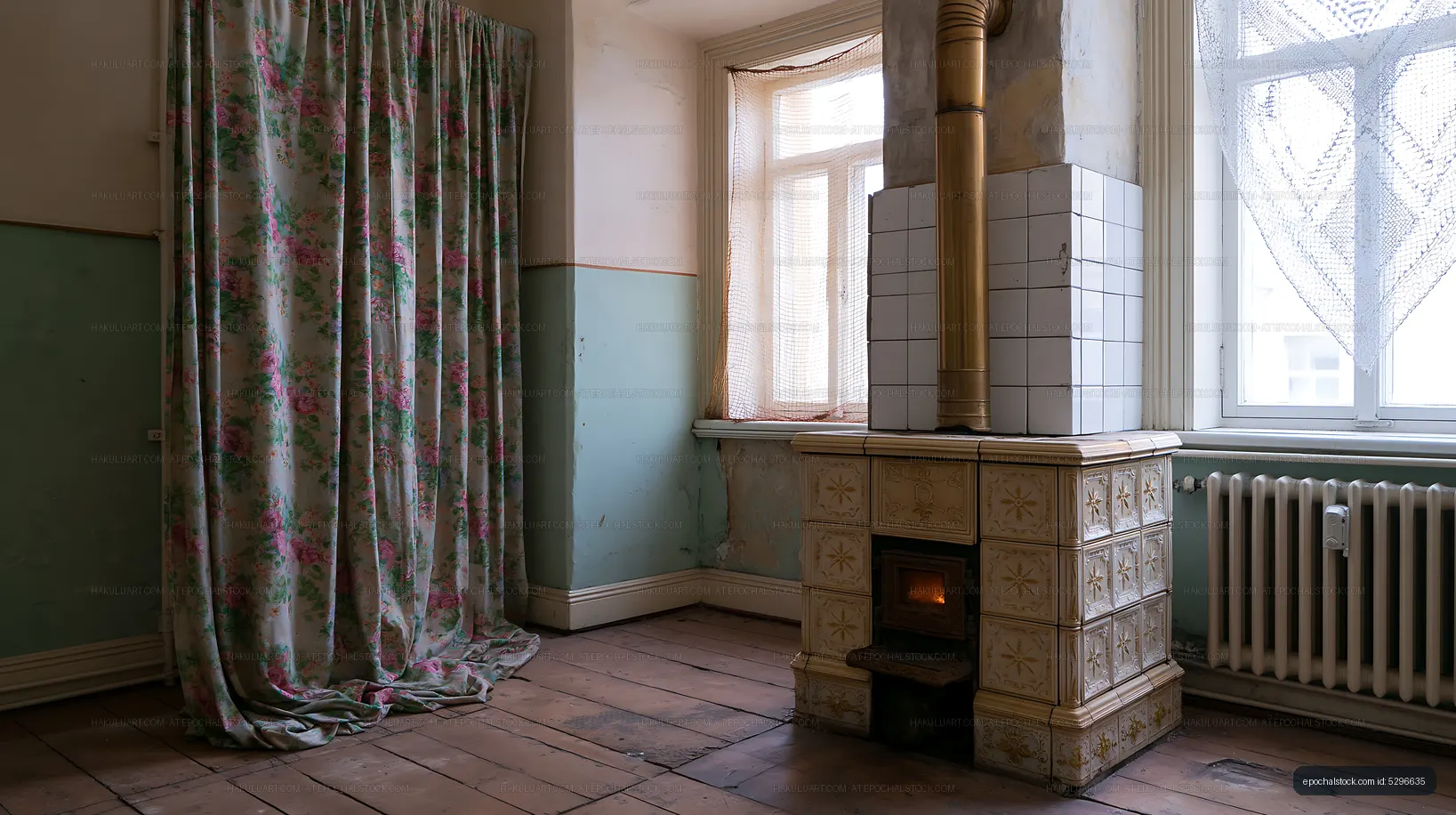 Old room with a stove and floral curtain