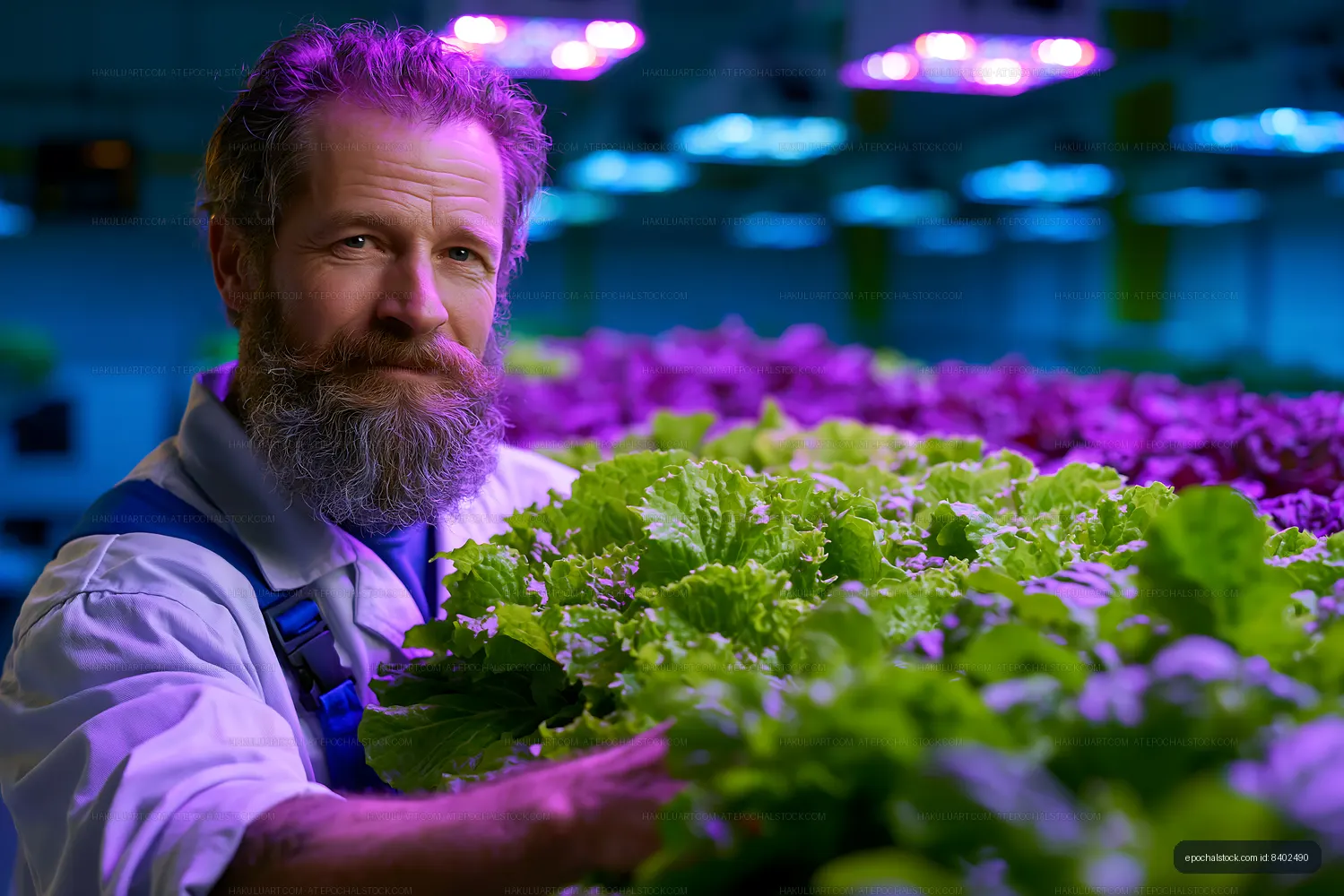 Man tending to hydroponic lettuce in indoor farm