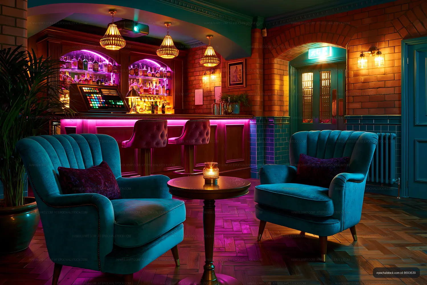Cozy seating area in a stylish bar with colorful lights