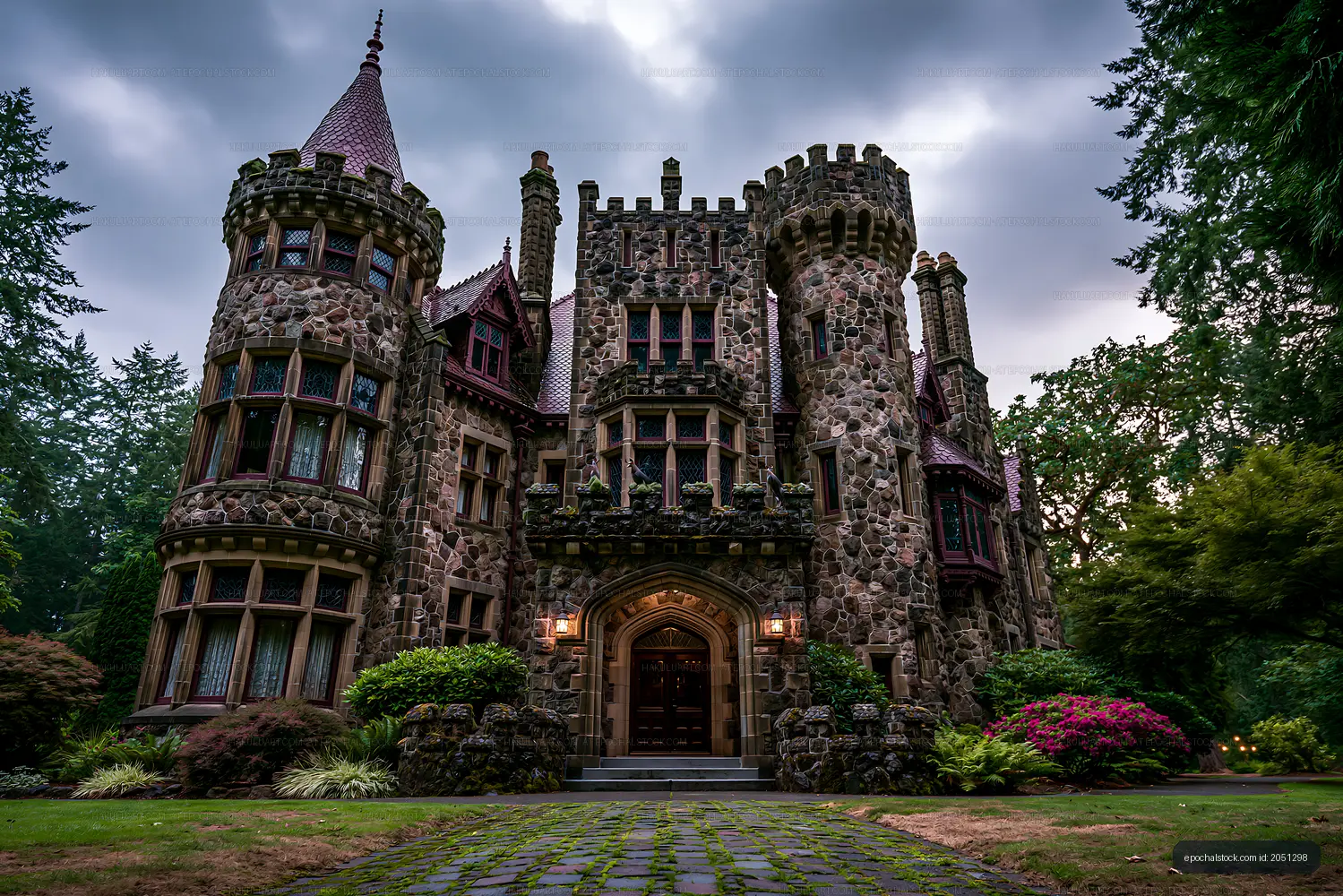 Historic stone castle with turrets and gardens in cloudy weather