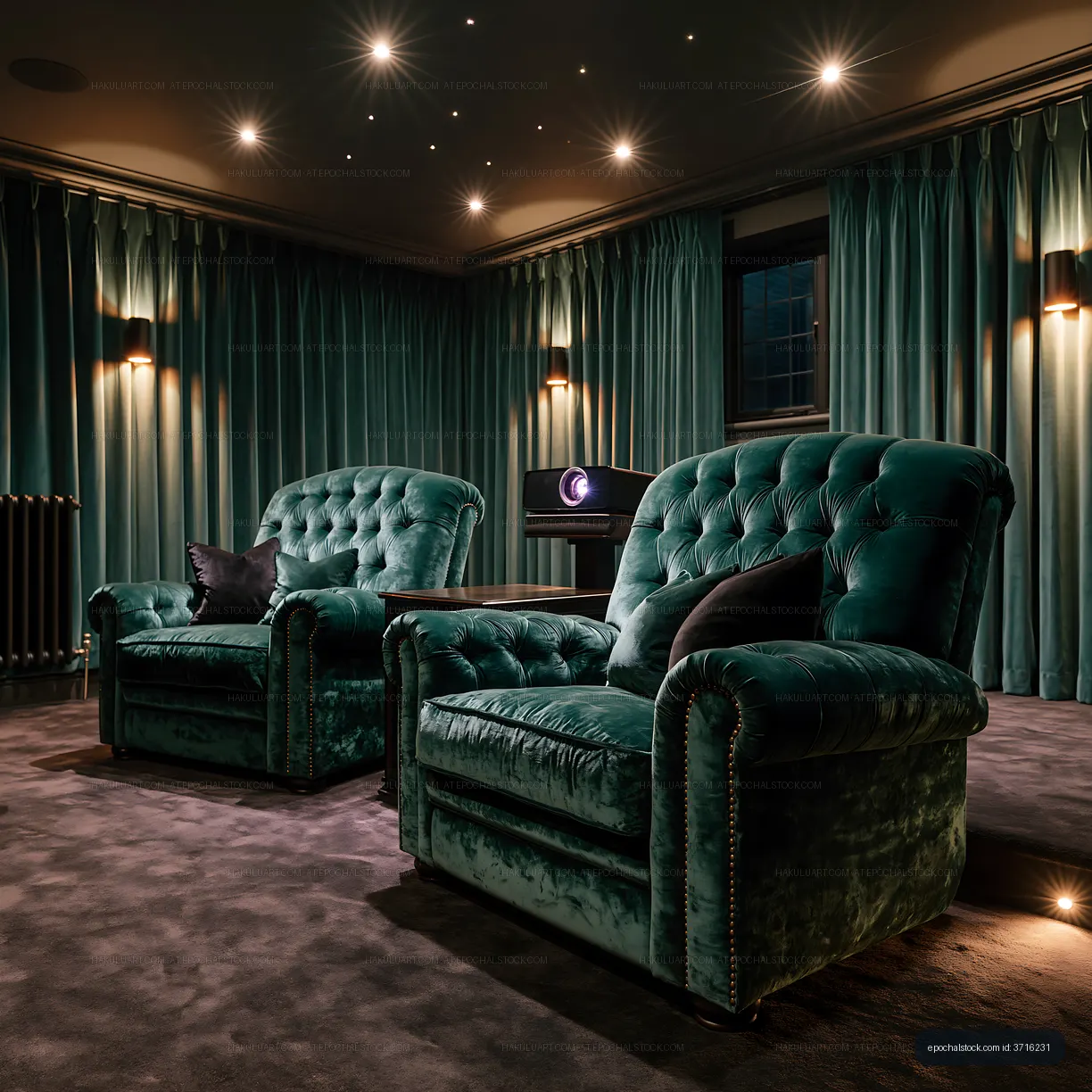 Comfortable velvet chairs in a cozy home theater setting