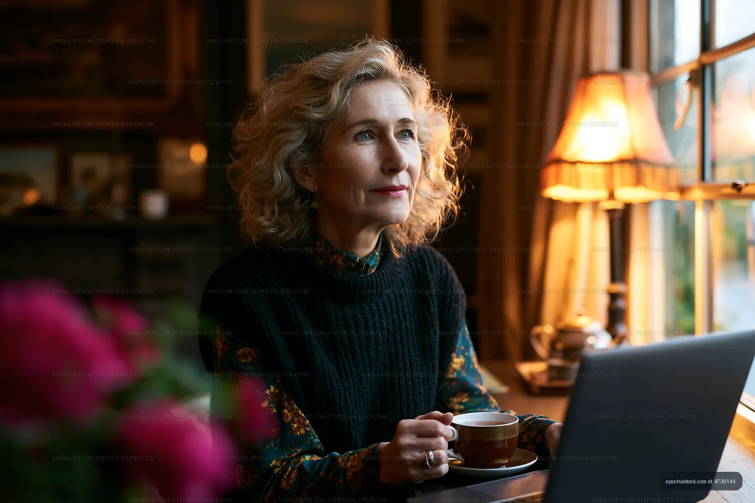 Woman thinking while sitting by a window with a cup of coffee